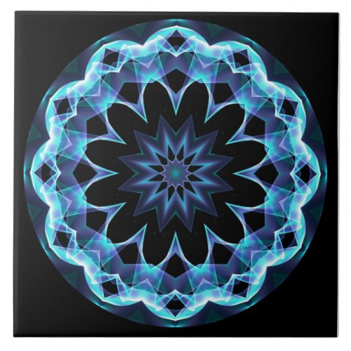 Crystal Star, Abstract Glowing Blue Mandala Ceramic Tile