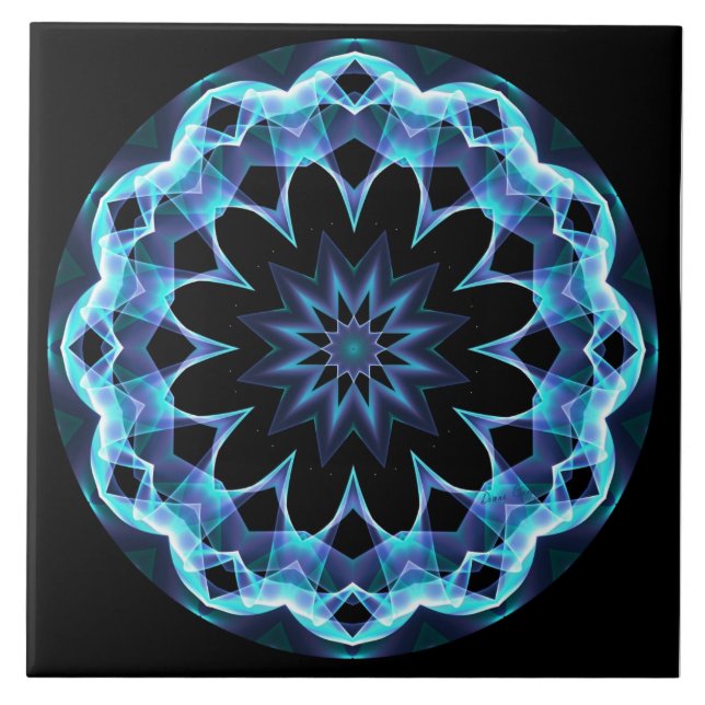 Crystal Star, Abstract Glowing Blue Mandala Ceramic Tile (Front)