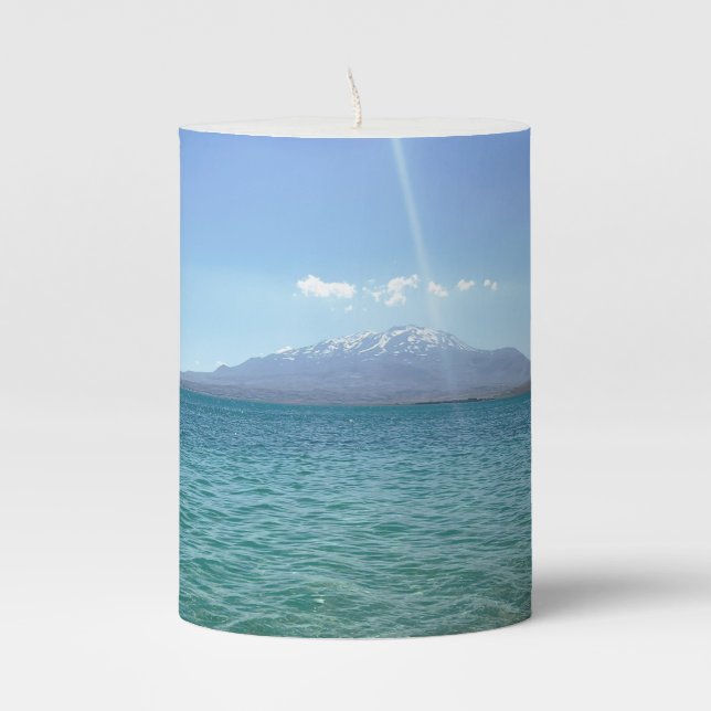 Crystal Water View Blue Sky Beach Vibe Peaceful Pillar Candle (Front)