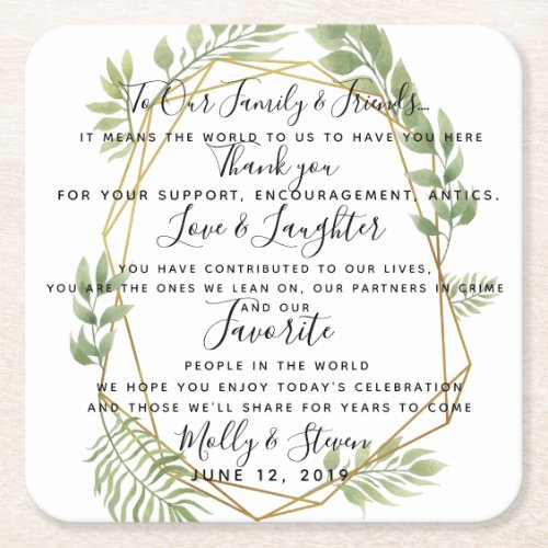 crystal wedding greenery partywedding Thank you Square Paper Coaster