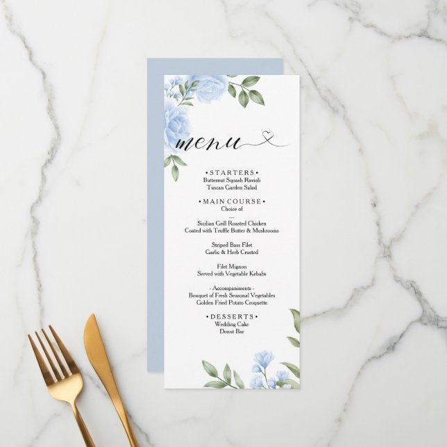 CRYSTAL Wedding Menu / Blue Rose Watercolor Floral (Front/Back In Situ)