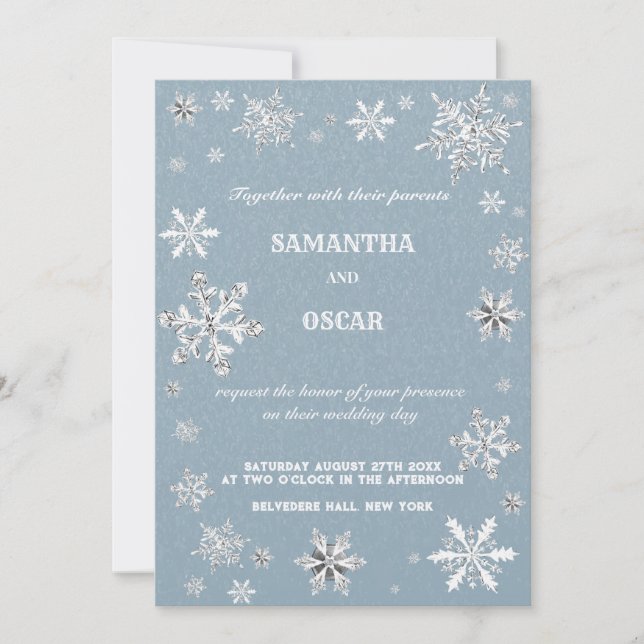 Crystale snowflakes blue winter wedding invitation (Front)