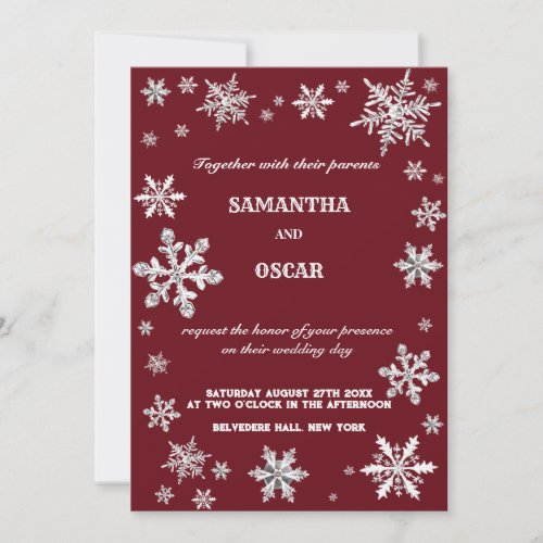 crystale snowflakes border red winter wedding  invitation