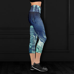 Crystalized Blue Agate Dusty Slate Marbled Stone Capri Leggings