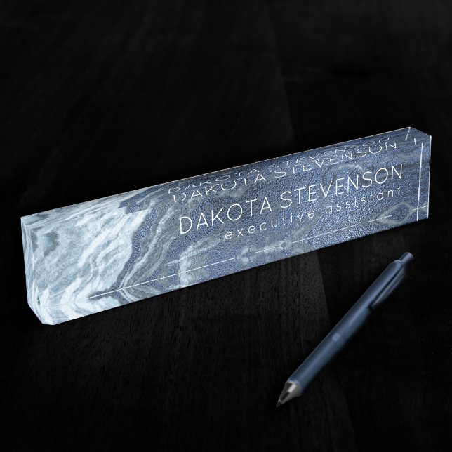 Crystalized Blue Agate | Dusty Slate Marbled Stone Desk Name Plate (Creator Uploaded)