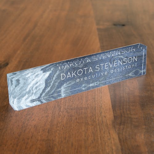 Crystalized Blue Agate  Dusty Slate Marbled Stone Desk Name Plate