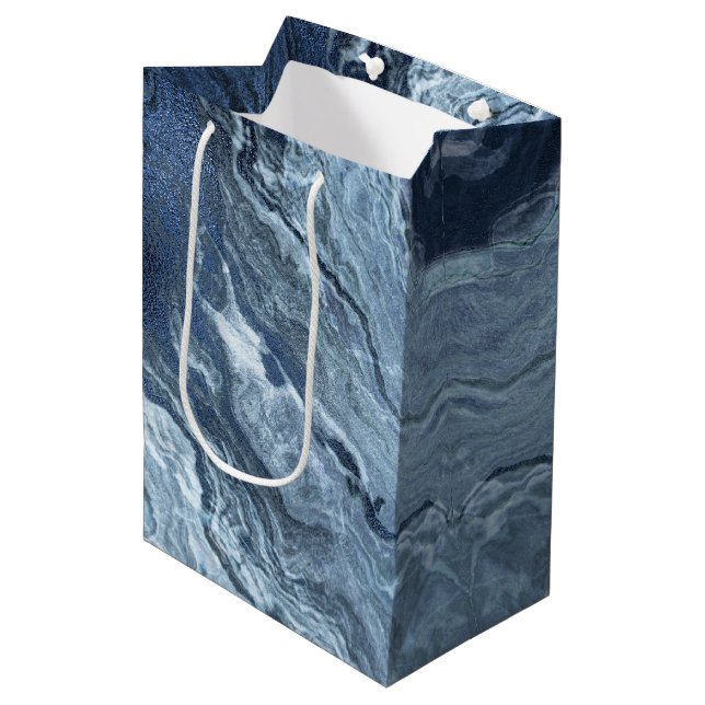 Crystalized Blue Agate | Dusty Slate Marbled Stone Medium Gift Bag (Front Angled)