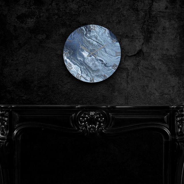 Crystalized Blue Agate | Dusty Slate Marbled Stone Round Clock (Creator Uploaded)
