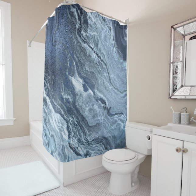 Crystalized Blue Agate | Dusty Slate Marbled Stone Shower Curtain (In Situ)