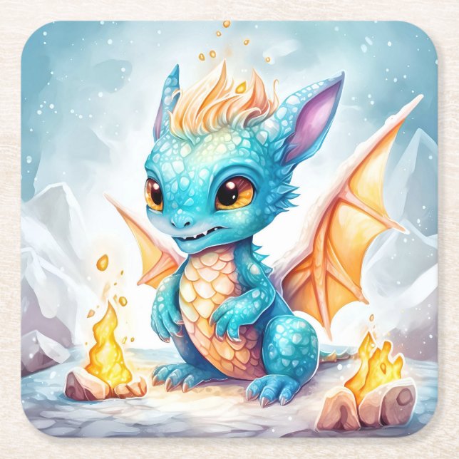 Crystalized Cute Baby Blue Dragon-68799 Square Paper Coaster (Front)