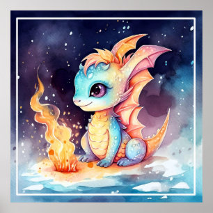 Crystalized Cute Baby Blue Dragon Cartoon-68799 Poster