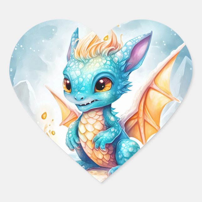 Crystalized Cute Baby Blue Dragon Heart Sticker (Front)