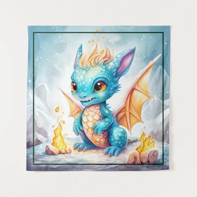 Crystalized Cute Baby Blue Dragon Tapestry (Front)
