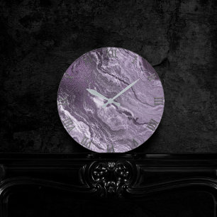 Crystalized Purple Agate   Moody Marbled Stone Round Clock