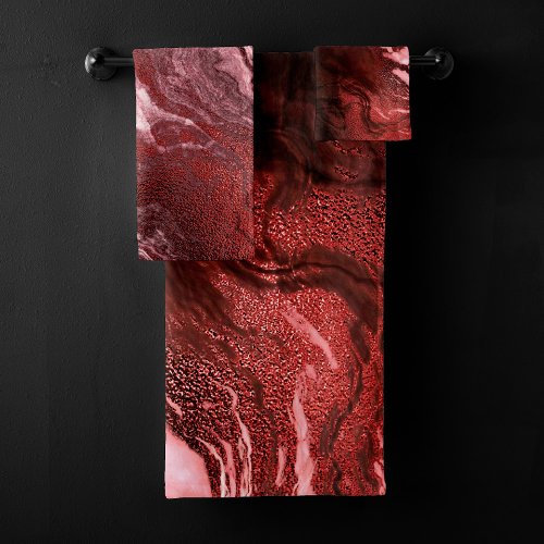 Crystalized Red Agate  Ruby Crimson Marbled Stone Bath Towel Set
