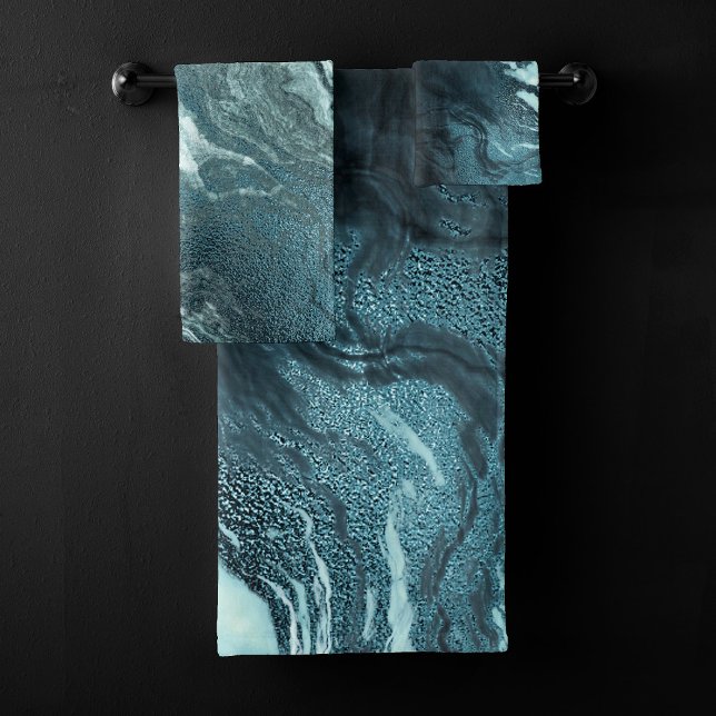 Crystalized Teal Agate | Dark Aqua Marbled Stone Bath Towel Set (Creator Uploaded)