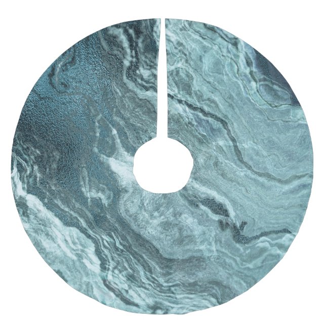 Crystalized Teal Agate | Dark Aqua Marbled Stone Brushed Polyester Tree Skirt (Front)