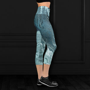 Crystalized Teal Agate Dark Aqua Marbled Stone Capri Leggings