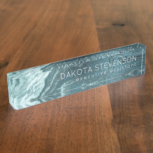 Crystalized Teal Agate  Dark Aqua Marbled Stone Desk Name Plate