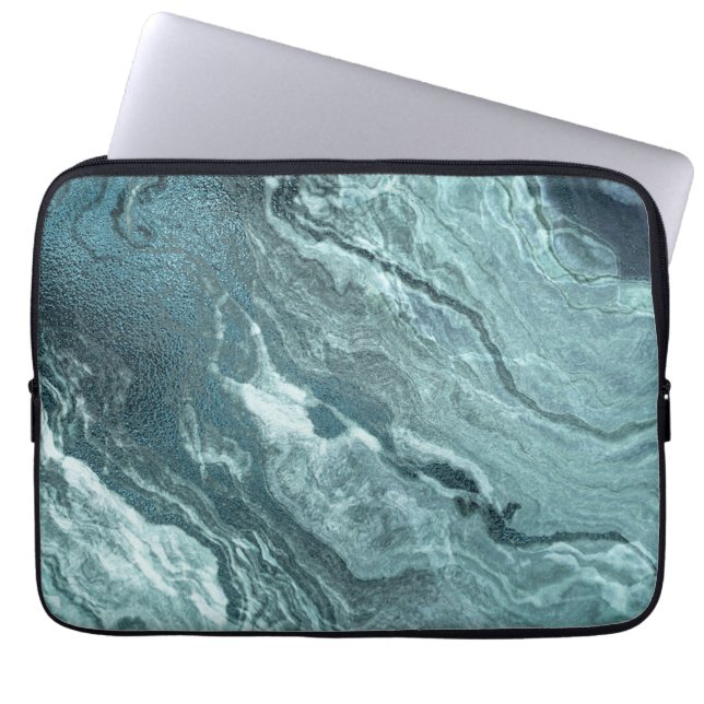 Crystalized Teal Agate | Dark Aqua Marbled Stone Laptop Sleeve (Front)
