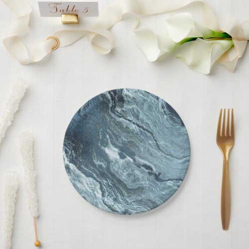 Crystalized Teal Agate  Dark Aqua Marbled Stone Paper Plates
