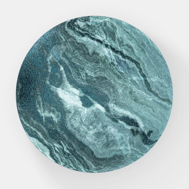 Crystalized Teal Agate | Dark Aqua Marbled Stone Paperweight (Front)