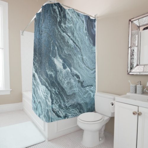 Crystalized Teal Agate  Dark Aqua Marbled Stone Shower Curtain
