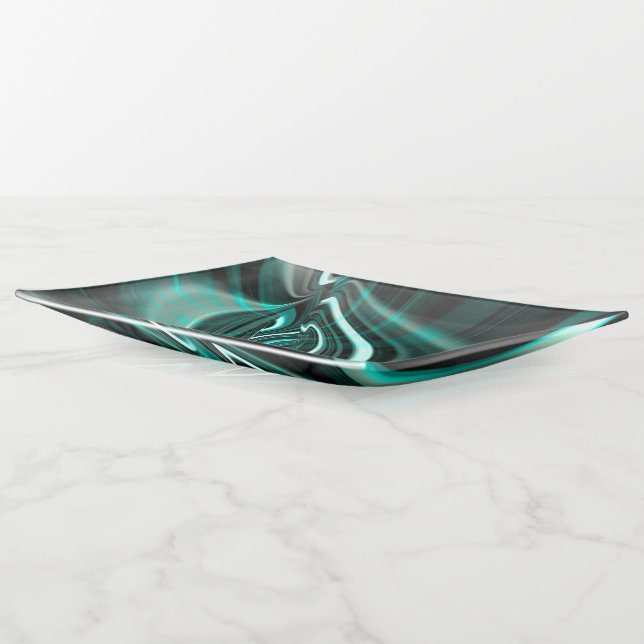 Crystalline on dark green cyan curves and ripples  trinket tray (Angled)