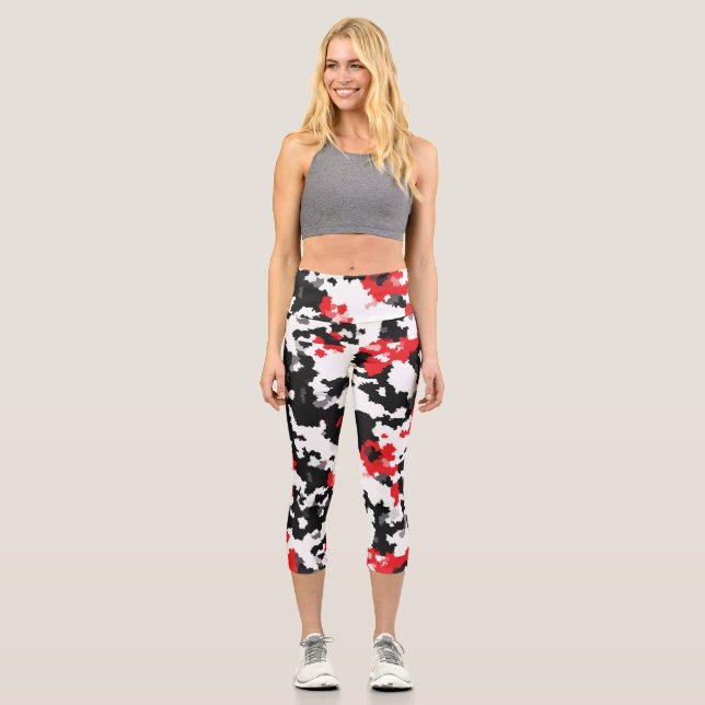 Crystalline Red Black And White Abstract Pattern Capri Leggings (Front)