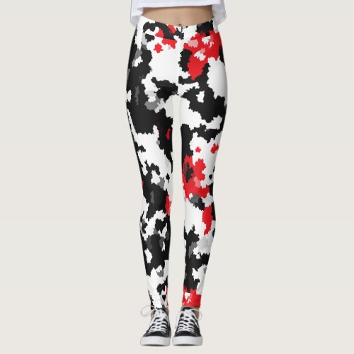 Crystalline Red Black And White Abstract Pattern Leggings