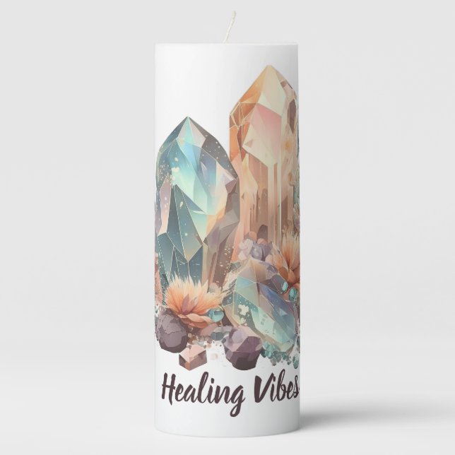 Crystals and Flowers Healing Vibes Pillar Candle (Front)