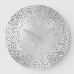 Crystals Confetti Glitter Grey Glass Silver Gray Large Clock