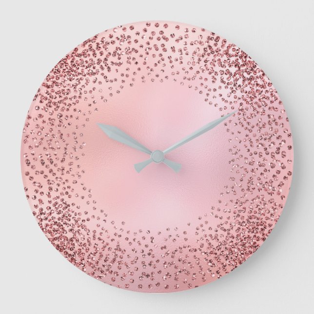 Crystals Confetti Glitter Rose Pink Glass Glam Large Clock (Front)