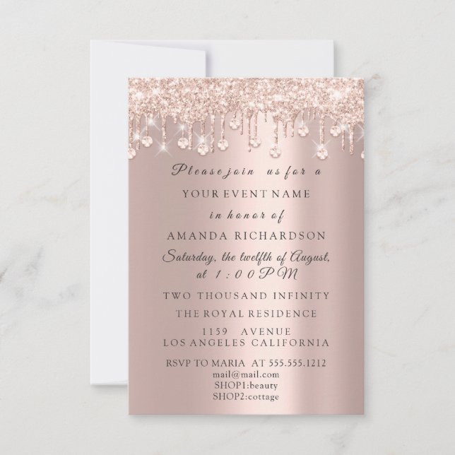 Crystals Glitter Drips Rose Bridal Shower Birthday Invitation (Front)