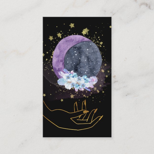*~* Crystals Moon Sky Cosmos Stars Hand Business Card (Front)