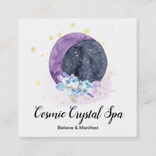 *~* Crystals Moon Sky Cosmos Stars Universe Square Business Card (Front)