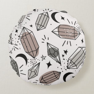 Crystals, moon, stars, hand drawn overlapping back round pillow