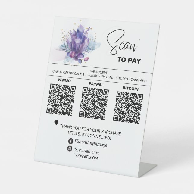 *~* Crystals Tabletop QR 3 PAYMENT Table Tent Pedestal Sign (Front)
