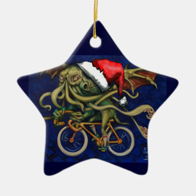 Cthulhu On A Bicycle Ceramic Ornament (Front)