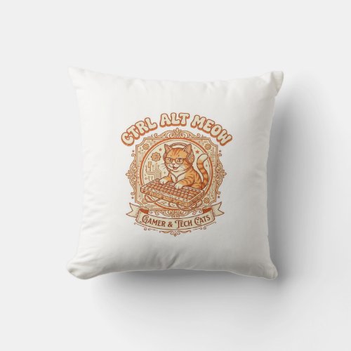 Ctrl Alt Meow Cat Gamer Tech Vintage Vector Art Sh Throw Pillow