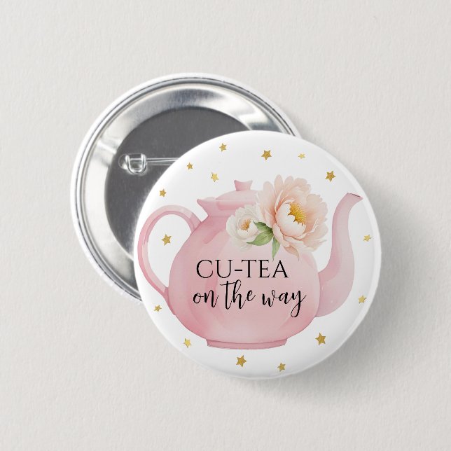 CU-TEA Pink Teapot Baby Shower Button Favor (Front & Back)