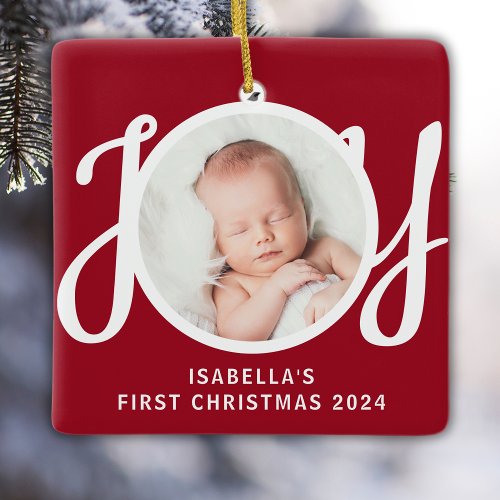 Cuaton Name First Christmas Photo Red Keepsake Ceramic Ornament