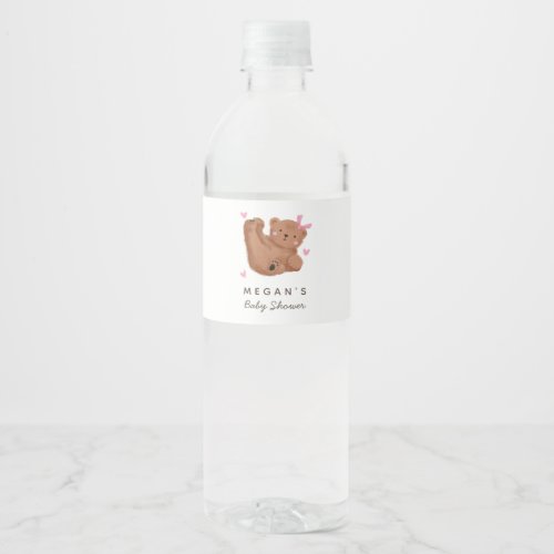 Cub Bear Girl Baby Shower Pink Bow Water Bottle Label