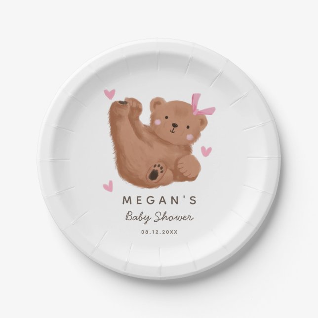 Cub Bear Pink Bow Baby Shower  Paper Plates (Front)