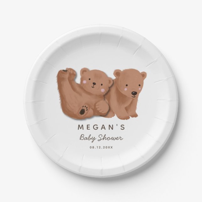 Cub Bear Theme Twins Baby Shower Paper Plate (Front)