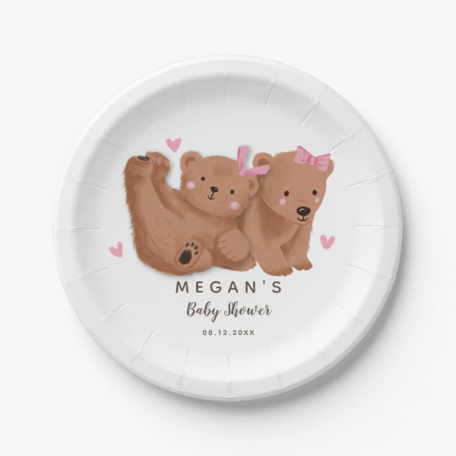Cub Bear Theme Twins Girls' Baby Shower  Paper Plates (Front)