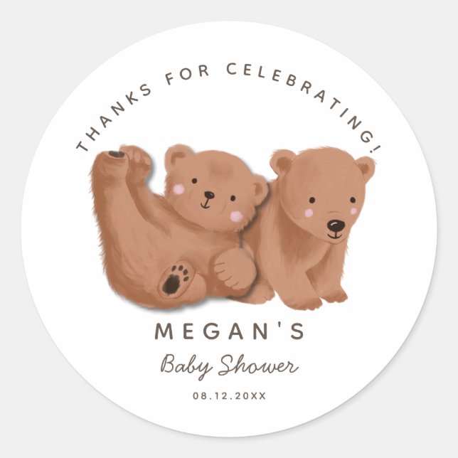 Cub Twin Bears Gender Neutral Baby Shower Classic Round Sticker (Front)