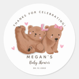 Cub Twin Bears Girls Baby Shower  Classic Round Sticker