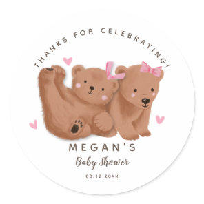 Cub Twin Bears Girls Baby Shower  Classic Round Sticker