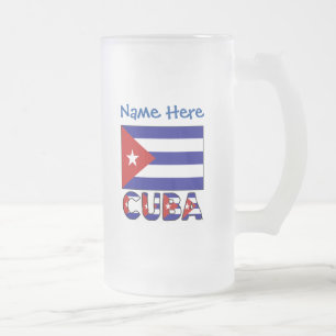 Cuba and Dark Blue Cuban Flag Personalized  Frosted Glass Beer Mug